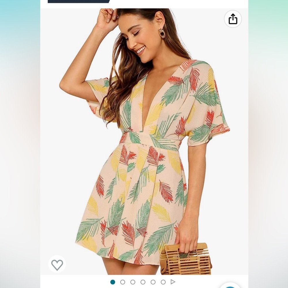 Tropical Floral Plunging V Neck Tie Open Back Short Dress